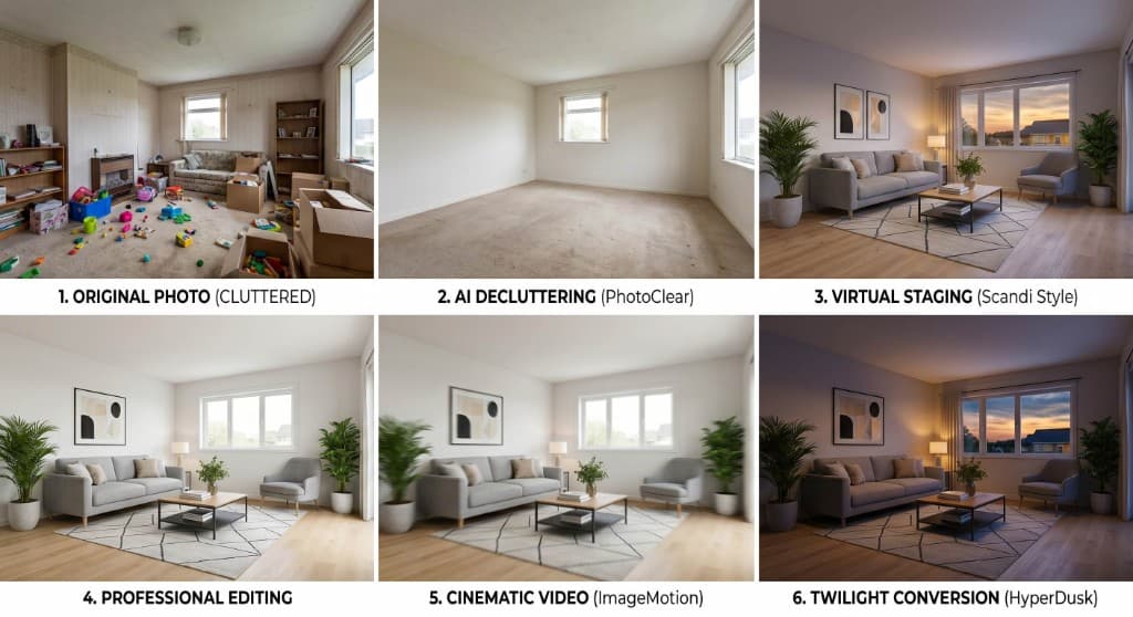 Six-step AI property marketing workflow from cluttered room photo to decluttered, virtually staged, edited, video and twilight marketing assets