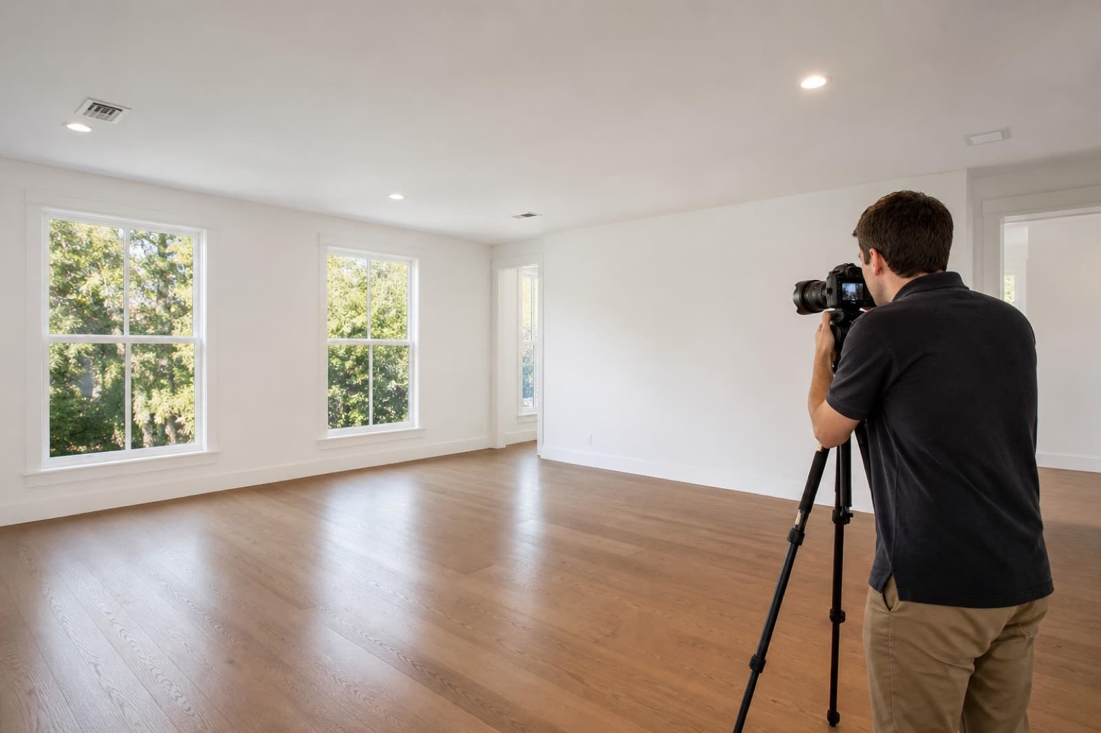 A photographer capturing an empty room at the correct height and angle for virtual staging