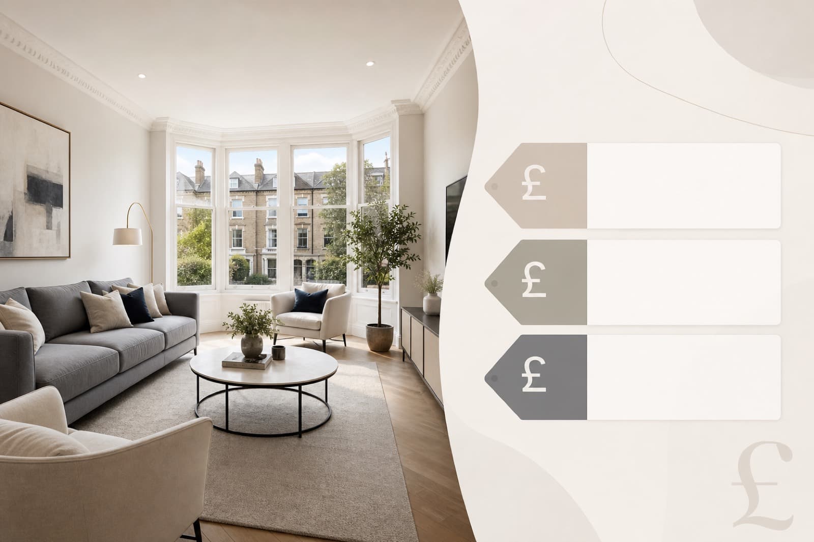 A virtually staged living room next to a simple price breakdown for UK virtual staging