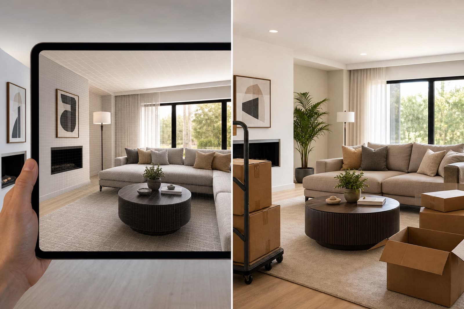 Split image comparing a virtually staged room with a physically staged room