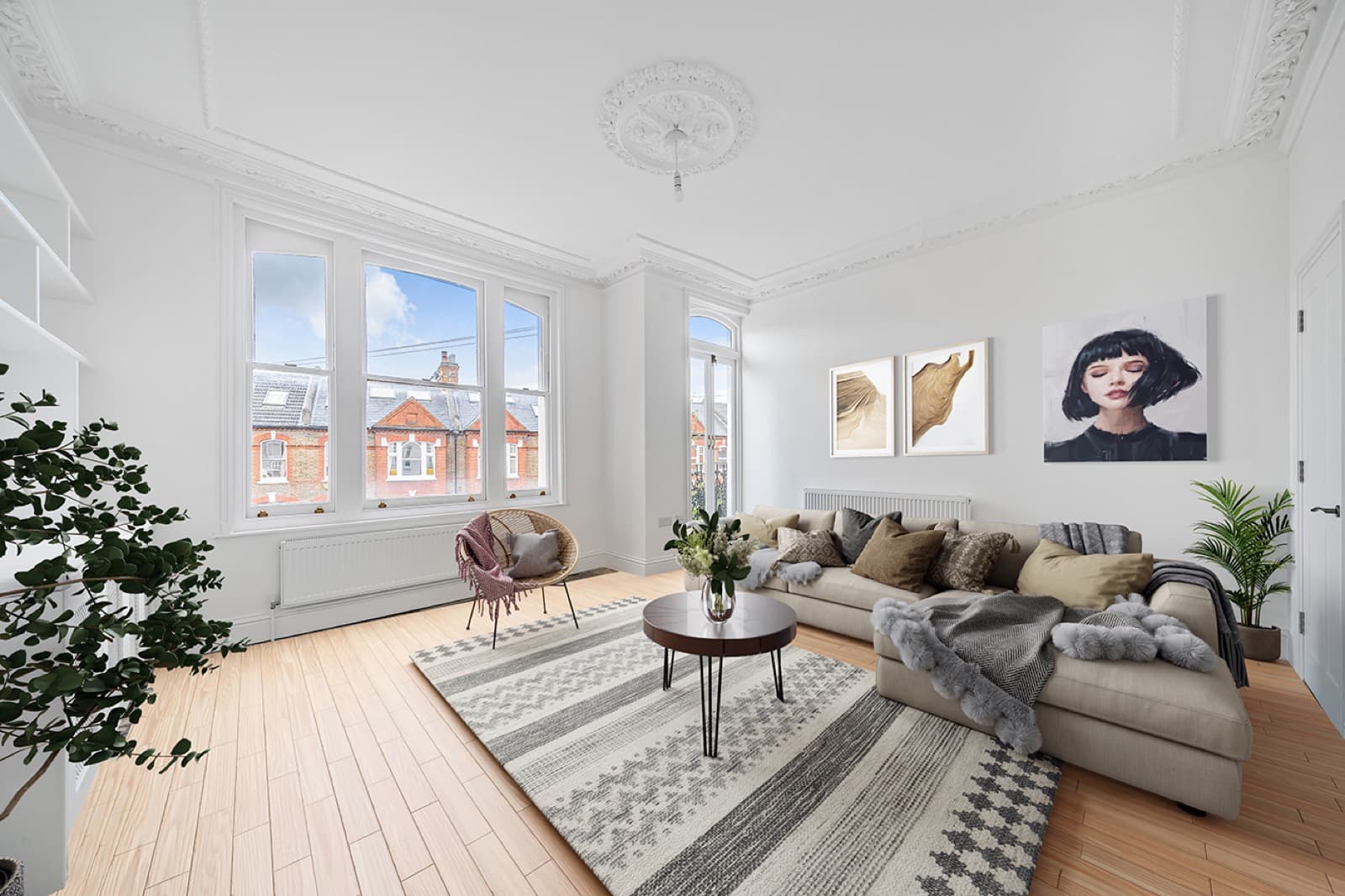 The same sitting room virtually staged with furniture