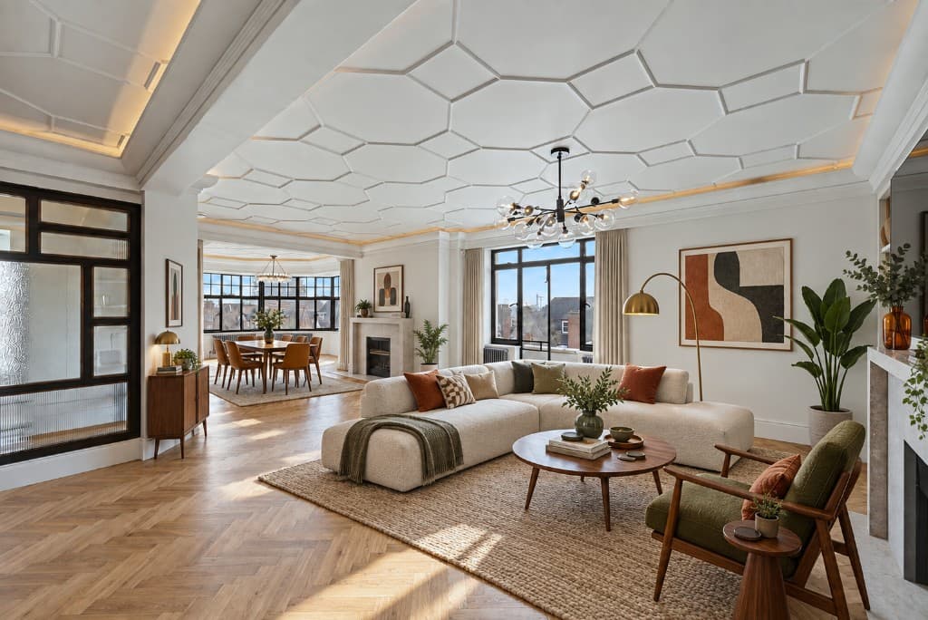 The same reception room virtually staged with a cream corner sofa, olive armchair and dining furniture