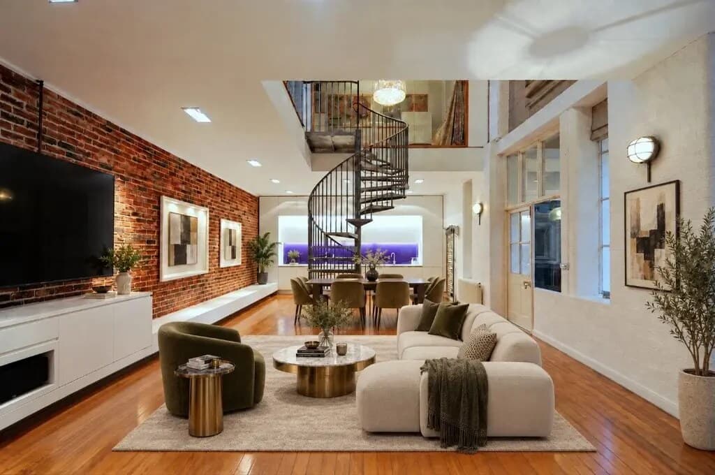 The same loft virtually staged with a sectional sofa, dining table and lounge chair around the spiral staircase