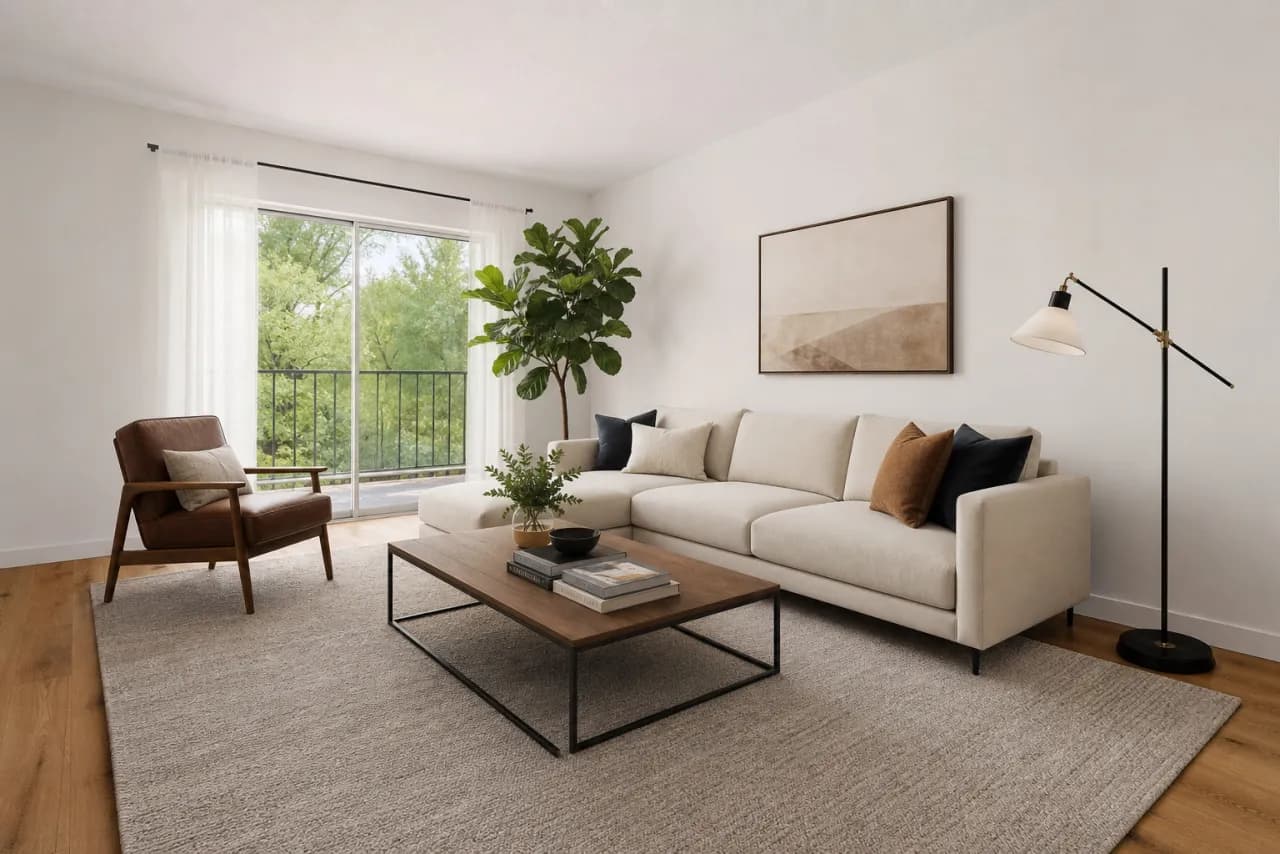 Realistic virtual furniture placed to scale in a bright modern living room