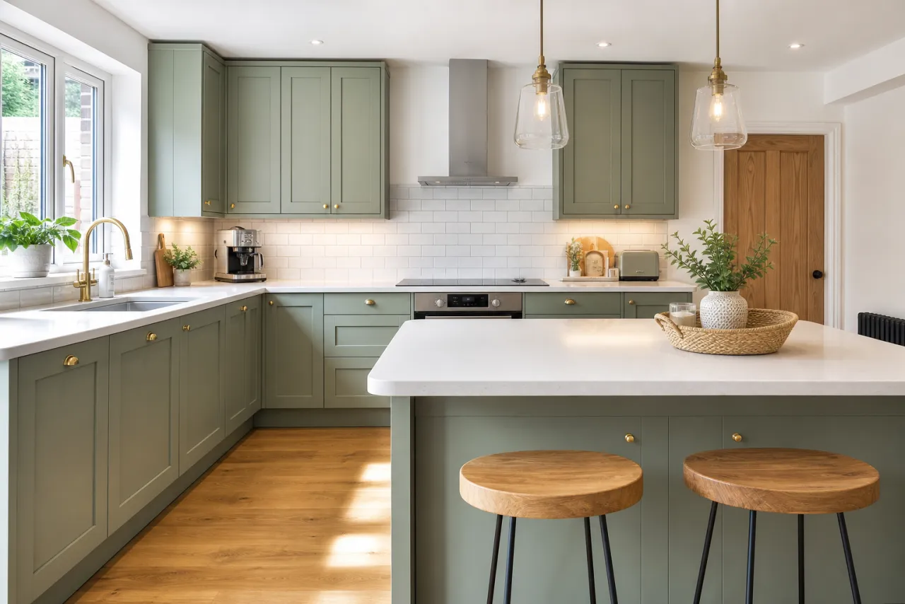 Virtually renovated modern kitchen with sage green units and new flooring