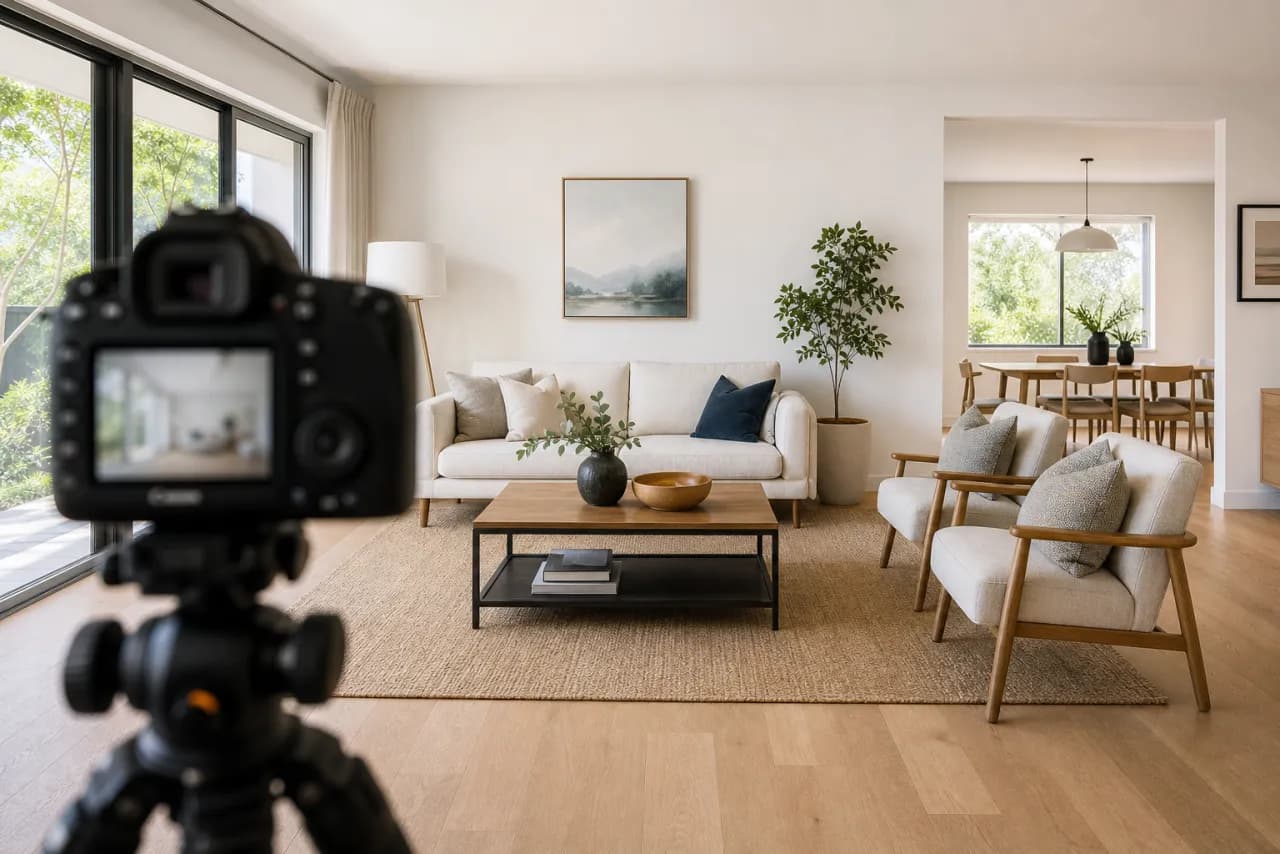 Property photographer capturing a virtually staged furnished living room