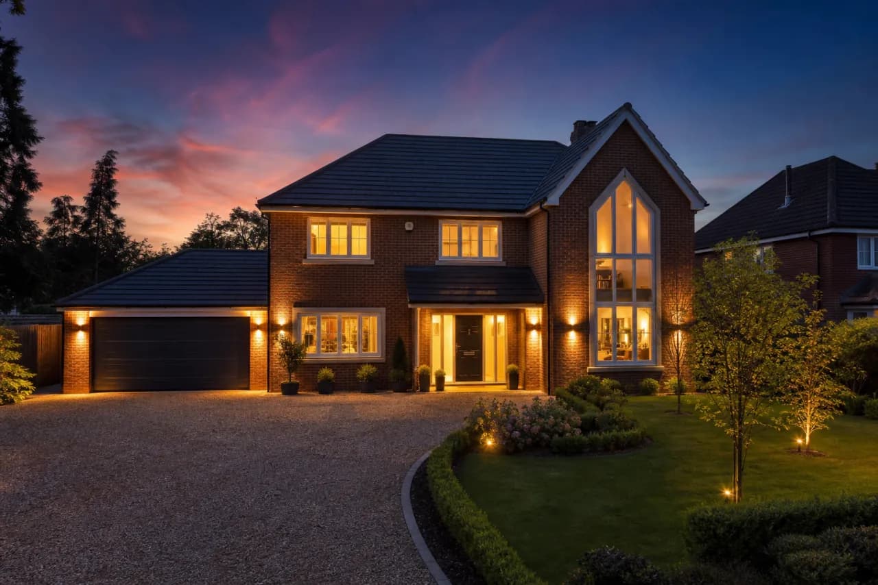 UK detached house at dusk with glowing windows and a dramatic sunset sky