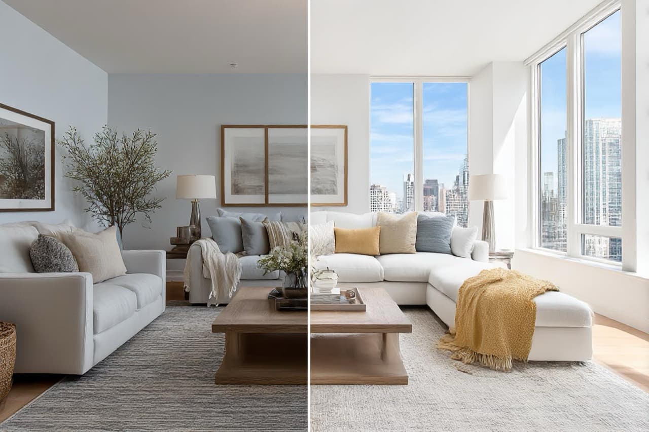 A side-by-side empty and virtually staged room on a portal listing